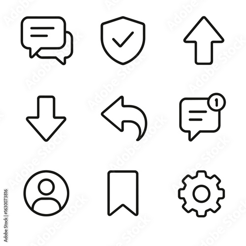 Online Forum Icons. Outline icon set of online forum activities: discussion threads, moderator shield, upvote