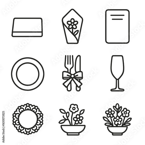 Wedding Icon Set. Outline icon set of wedding place setting: name card, floral napkin, menu card, gold charger, ribbon-wrapped