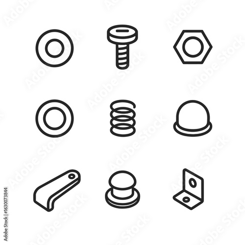 Lid Knob Icons. Outline icon set of lid knob accessories: washer, screw, nut, gasket, spring, cap, handle extension, knob cover,