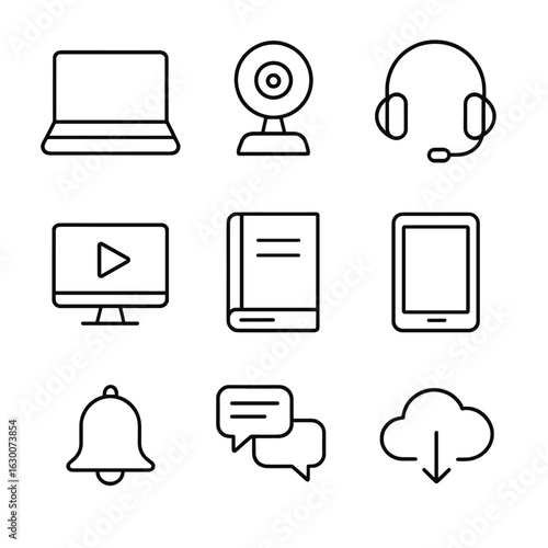 Online Learning Icons. Outline icon set of online study essentials: laptop, webcam, headset, e-learning