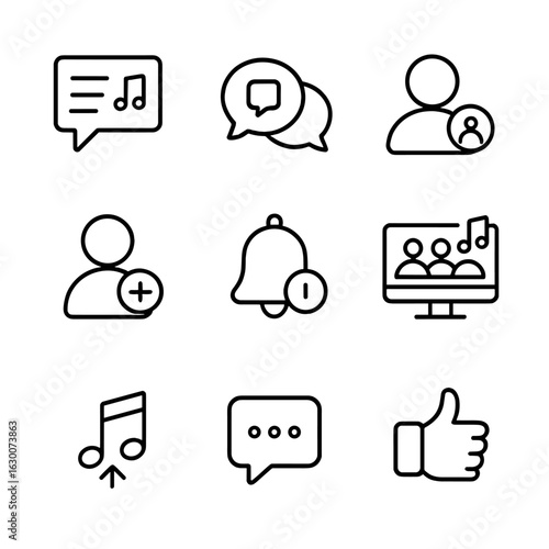 Online Music Icons. Outline icon set of online music community: forum, chat, profile, follow button,