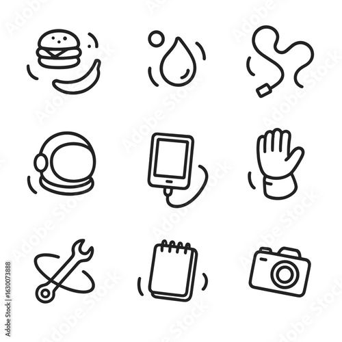 Weightlessness Icon Set. Outline icon set of weightlessness in space: floating food, water bubble, loose cable, floating helmet,