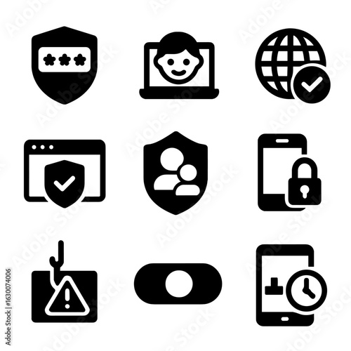 Online Safety Icons Grid. Solid, filled icons set of online safety for family members: password shield, child