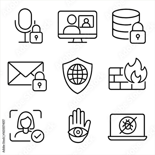 Online Security Icons. Outline icon set of online communication security: secure microphone, encrypted video
