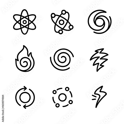 Whirl Energy Icons. Outline icon set of whirl energy: spinning atom, rotating electrons, swirling energy ball, vortex flame, whirl