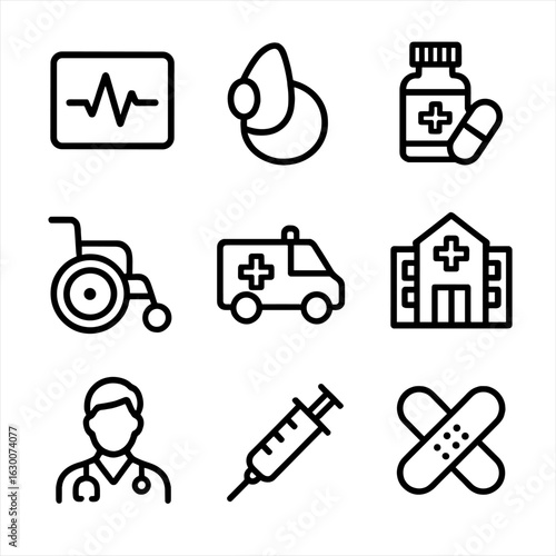 Life Support Icons. Outline icon set of life support systems: heart monitor, oxygen mask, medicine, wheelchair, ambulance,