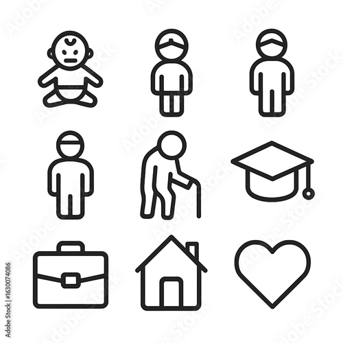 Life Stages Icons. Outline icon set of human life stages: baby, child, teenager, adult, elderly, graduation cap, briefcase, house,