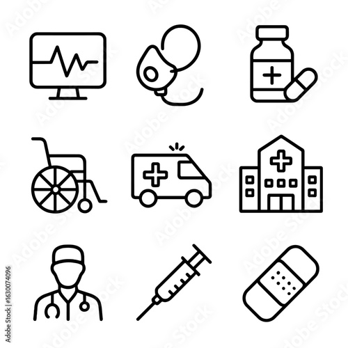 Life Support Icons. Outline icon set of life support systems: heart monitor, oxygen mask, medicine, wheelchair, ambulance,
