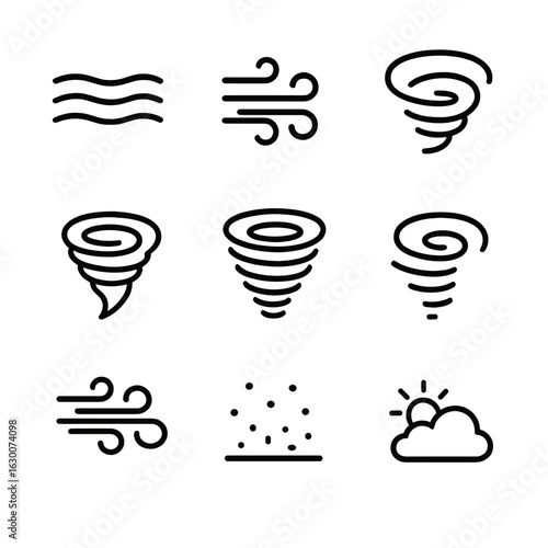 Whirlwind Phase Icons. Outline icon set of whirlwind phases: calm air, gathering wind, spiral formation, peak swirl, dispersing
