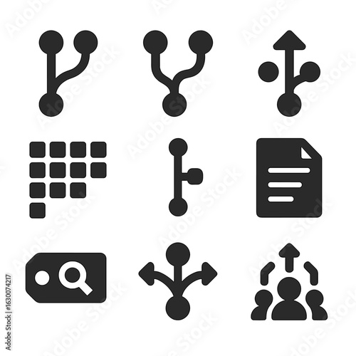 Open-Source Icon Grid. Solid, filled icons set of open-source innovation culture: Git branch, code merge, pull