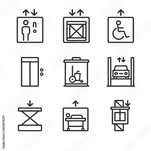 Lift Icon Collection. Outline icon set of lift uses: passenger elevator, freight elevator, wheelchair lift, dumbwaiter, service