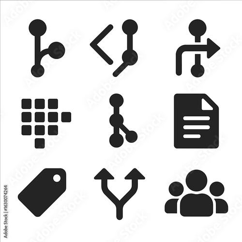 Open-Source Icon Grid. Solid, filled icons set of open-source innovation culture: Git branch, code merge, pull