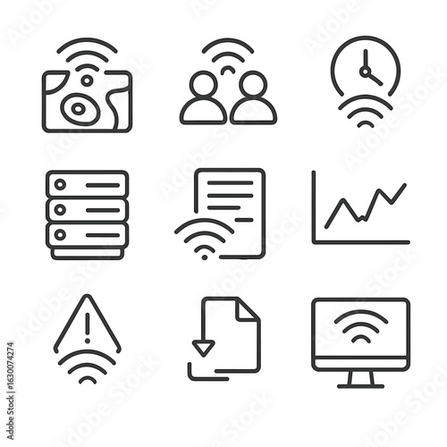 Wi-Fi Analytics Icons. Outline icon set of Wi-Fi analytics and monitoring: heatmap overlay, user count icon, session duration
