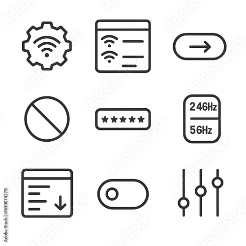 Wi-Fi Settings Icons. Outline icon set of Wi-Fi settings: gear with Wi-Fi, network list display, connect button icon, disconnect