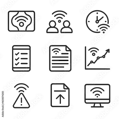 Wi-Fi Analytics Icons. Outline icon set of Wi-Fi analytics and monitoring: heatmap overlay, user count icon, session duration