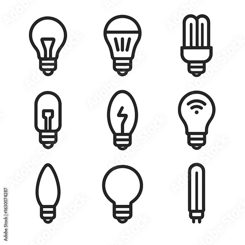 Light Bulb Icons. Outline icon set of light bulbs: incandescent bulb, LED bulb, fluorescent bulb, halogen bulb, vintage bulb,