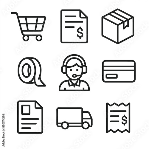 Order Fulfillment Icons. Outline icon set of order fulfillment: shopping cart, invoice, delivery box, packing