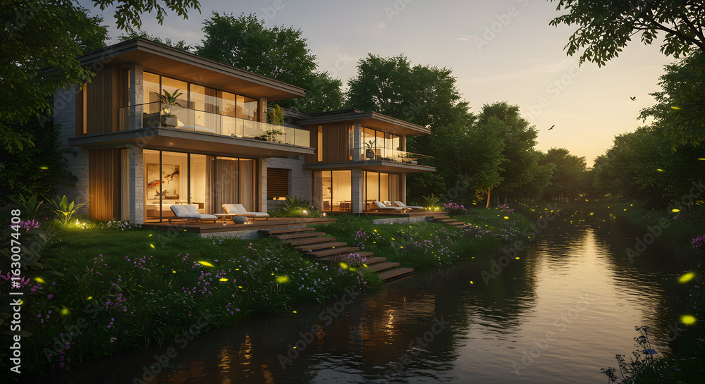 Obraz premium Luxury modern house riverfront property real estate architecture design home exterior nature landscape evening view