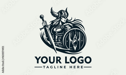 Viking woman warrior with winged helmet holding sword and shield in a stylized illustration.