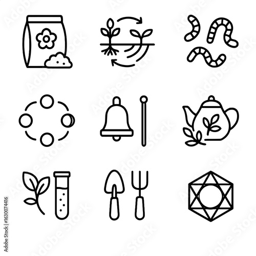 Organic Farming Icons. Outline icon set of organic and biodynamic agriculture: natural fertilizer, crop