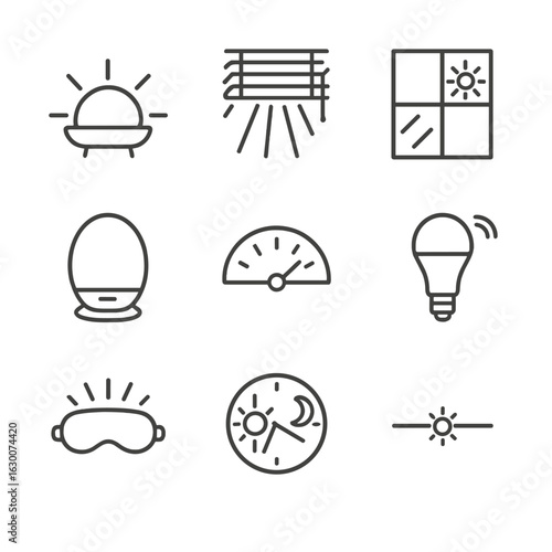 Light Therapy Icons. Outline icon set of light therapy wake-up: sunrise lamp outline, light beam through blinds, window with sun