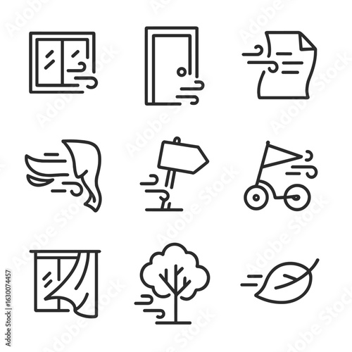 Wind Effect Icons. Outline icon set of gust effects on objects: shaking window, rattling door, fluttering page, flying scarf, bent
