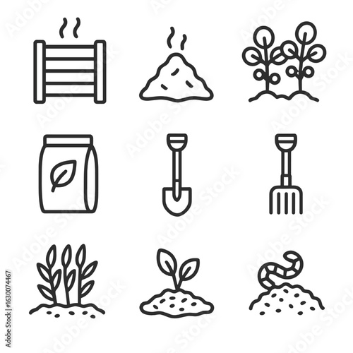 Organic Fertilization Icons. Outline icon set of organic fertilization techniques: compost bin, manure pile,