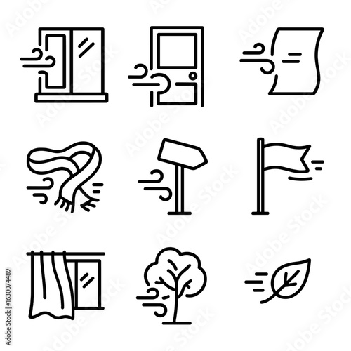 Wind Effect Icons. Outline icon set of gust effects on objects: shaking window, rattling door, fluttering page, flying scarf, bent