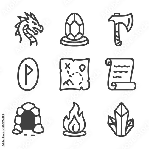 Dwarf Fantasy Icons. Outline icon set of dwarf fantasy elements: dragon, magic stone, enchanted axe, mysterious rune, treasure map