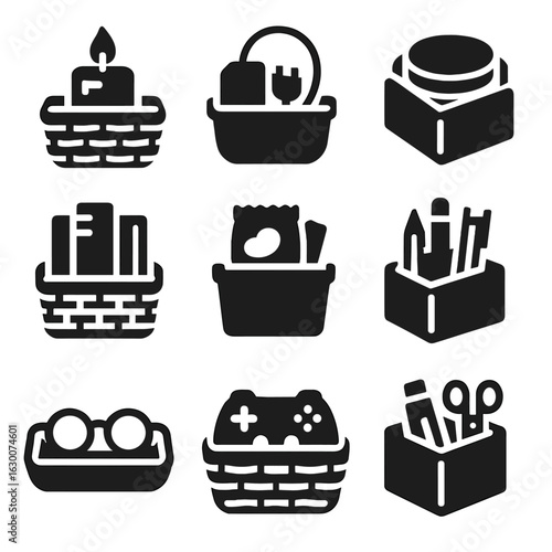 Organized Storage Icons. Solid, filled icons set of small item storage in baskets: candle bin, charger holder,