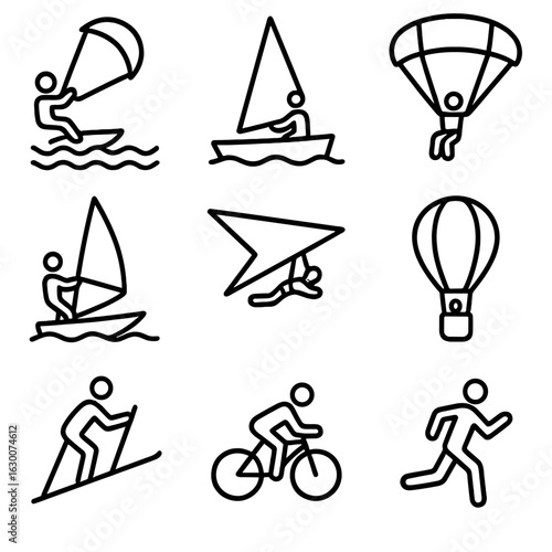 Wind Sports Icons. Outline icon set of wind-related sports: kite surfing, sailing, paragliding, windsurfing, hang gliding,