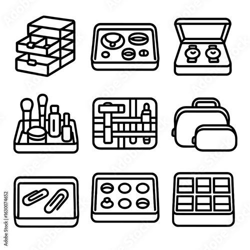 Organizing Icon Set. Outline icon set of organizing small items in drawers: stackable compartments, jewelry