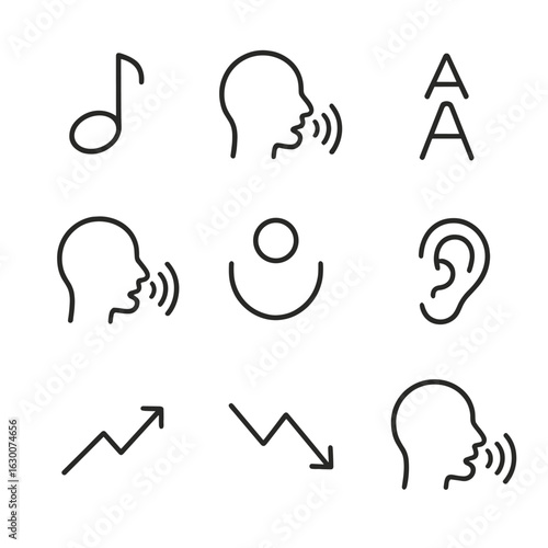 Linguistic Pitch Icons. Outline icon set of pitch in linguistics: tone, intonation, accent, stress, syllable emphasis, vocal pitch