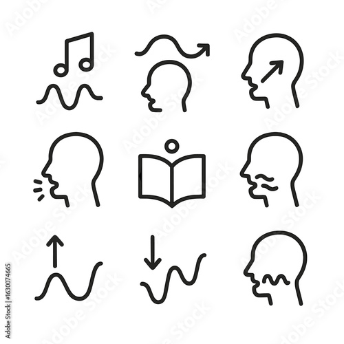 Linguistic Pitch Icons. Outline icon set of pitch in linguistics: tone, intonation, accent, stress, syllable emphasis, vocal pitch