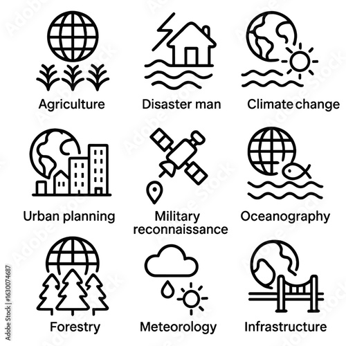 Earth Observation Icons. Outline icon set of Earth observation applications: agriculture, disaster management, climate change,