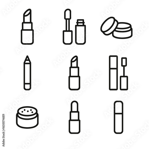 Lip Makeup Icon Set. Outline icon set of lip makeup products: lipstick tube, lip gloss wand, lip balm pot, lip pencil, matte