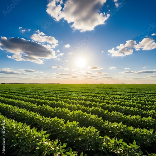 Vast soybean field under a vibrant blue sky.