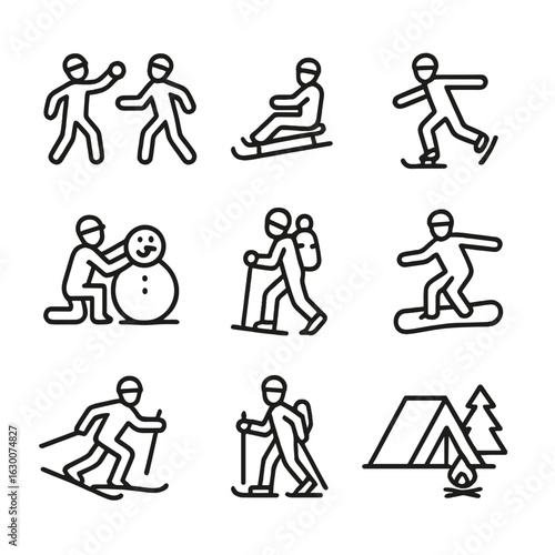 Winter Activity Icons. Outline icon set of slush outdoor activities: snowball fight, sledding, ice skating, snowman building,