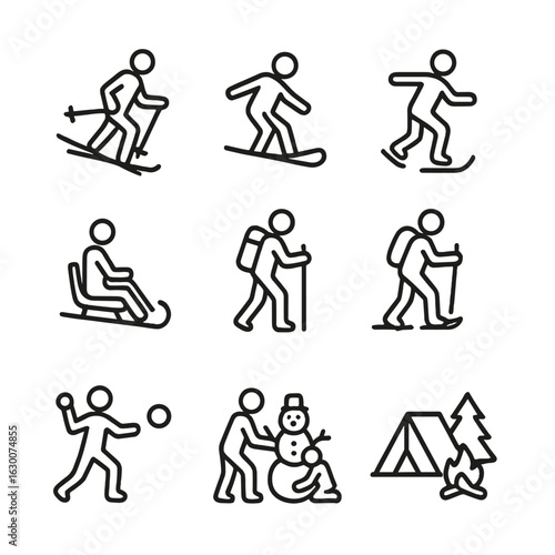Winter Activity Icons. Outline icon set of winter outdoor activities: skiing, snowboarding, ice skating, sledding, hiking,