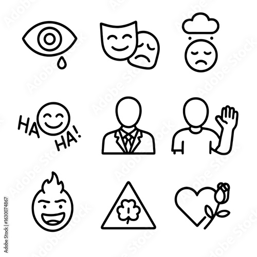 Literature Tone Icons. Outline icon set of tone in literature: suspense, dramatic, melancholic, humorous, formal, informal,