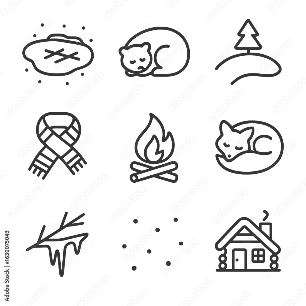 Fototapeta premium Winter Rest Icons. Outline icon set of silent winter rest: ice-covered lake, dormant bear, snow-covered hill, wool scarf, glowing