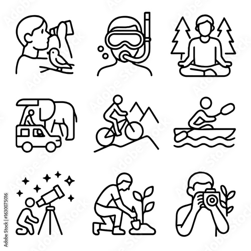 Outdoor Eco Activities Icons. Outline icon set of Outdoor Eco-Activities: bird watching, snorkeling, forest