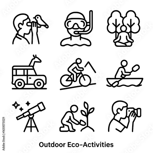 Outdoor Eco Activities Icons. Outline icon set of Outdoor Eco-Activities: bird watching, snorkeling, forest
