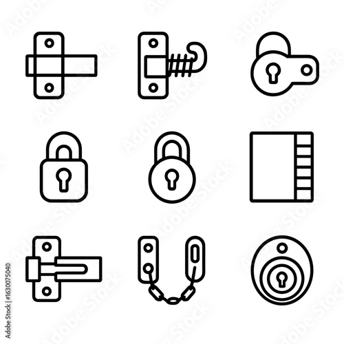 Lock Mechanism Icons. Outline icon set of lock mechanisms: latch bolt, spring bolt, cam lock, pin tumbler, lever lock, magnetic
