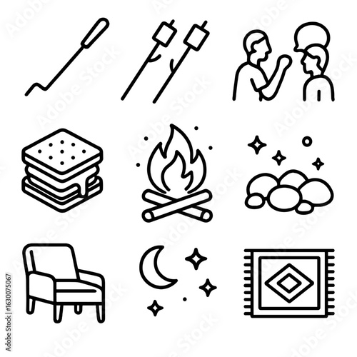 Outdoor Fire Pit Icons. Outline icon set of fire pit socializing: fire poker, roasting sticks, talking friends