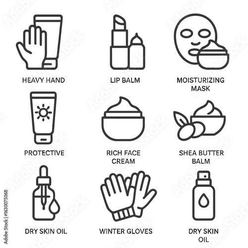 Winter Skincare Icons. Outline icon set of winter skincare: heavy hand cream, lip balm, moisturizing mask, thermal water spray,
