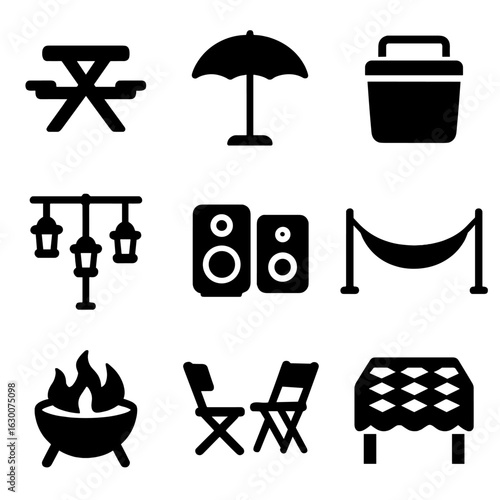 Outdoor Furniture Icons. Solid, filled icons set of outdoor furniture and accessories: picnic bench, umbrella,