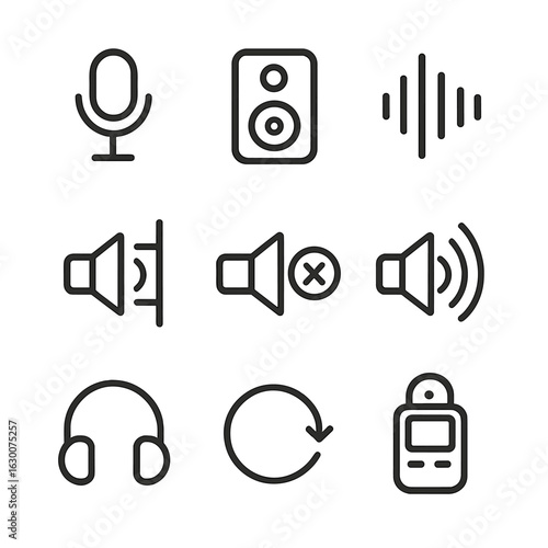 Echo Technology Icons. Outline icon set of echo in technology: microphone, speaker, audio wave, sound reflection, noise