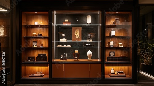Exquisite display cabinet featuring a curated collection of luxurious objects and artifacts
