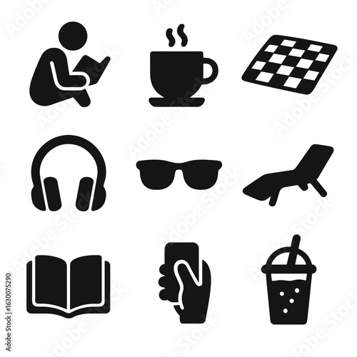 Outdoor Leisure Icons. Solid, filled icons set of people relaxing outdoors: reading person, coffee cup, picnic